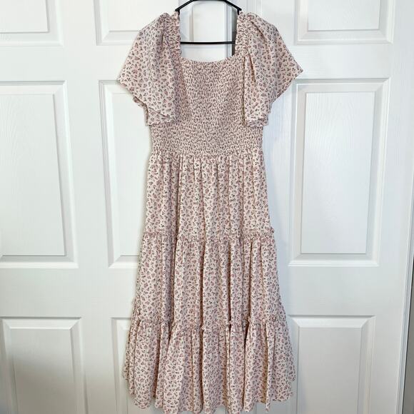 Ivy City Co Sweet Posie Smocked Floral Flutter Sleeve Tiered Midi Dress Large - Picture 8 of 9